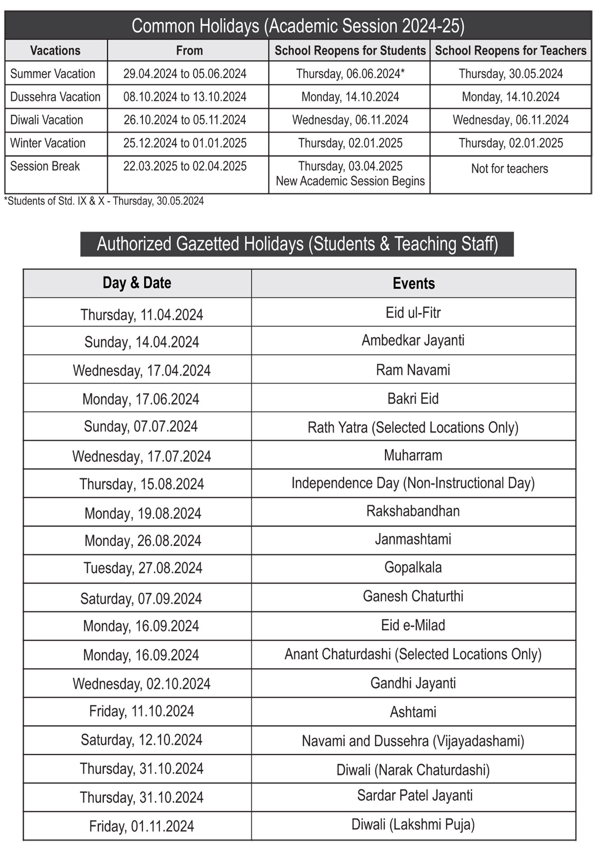 Yearly Holidays and Vacations Time Table Podar Education Network