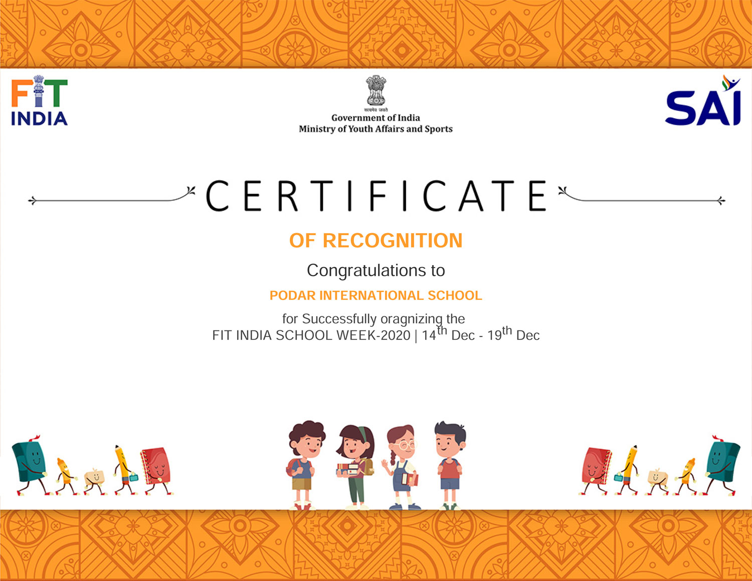 The week india. Certificate of recognition.